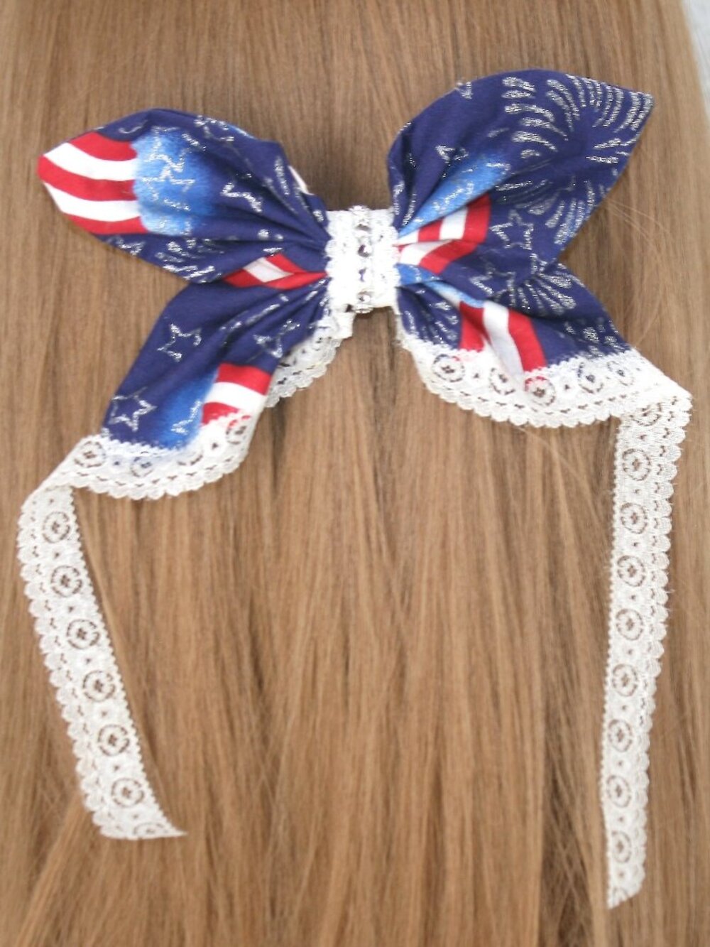HAND CRAFTED Bow Fireworks Hair Butterfly Patriotic Oversized LaceTail Blue